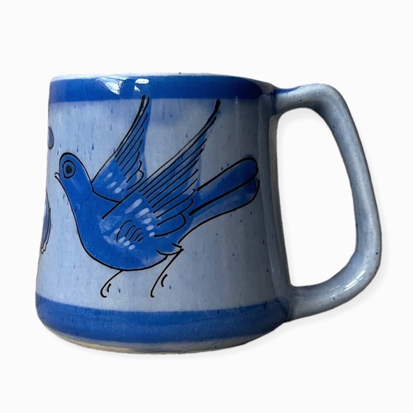 Vintage Signed Tonala Mug w/Hand Painted Bird Flowers Blue Mexican Pottery Boho - Picture 3 of 8